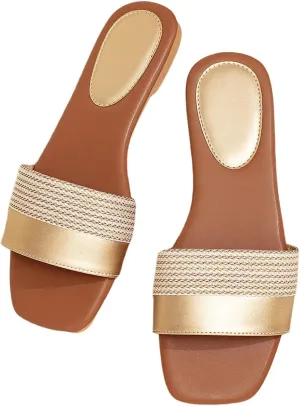 GORGLITTER Women's Gold Flat Dressy Sandals Comfortable Open Toe Slide 2025 Wedding Vacation Sandals