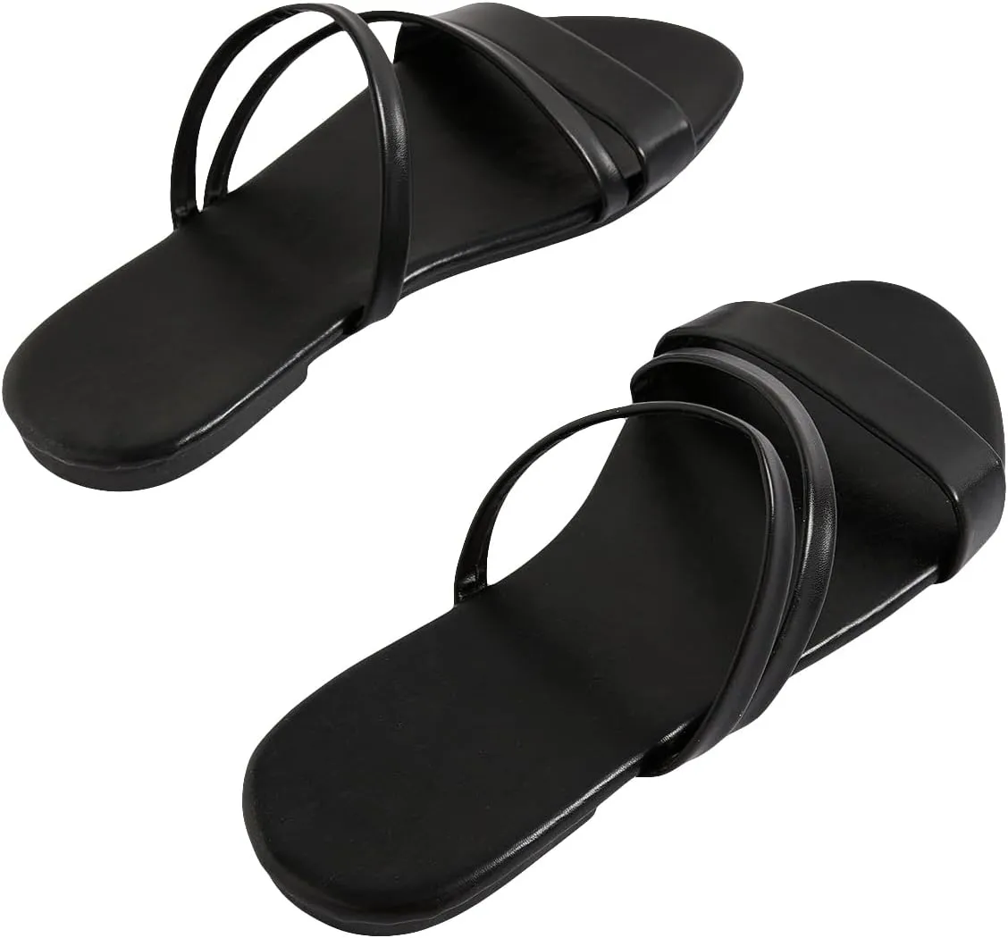 GORGLITTER Women's Metallic Strappy Open Toe Flat Sandal PU Leather Summer Slides Sandals