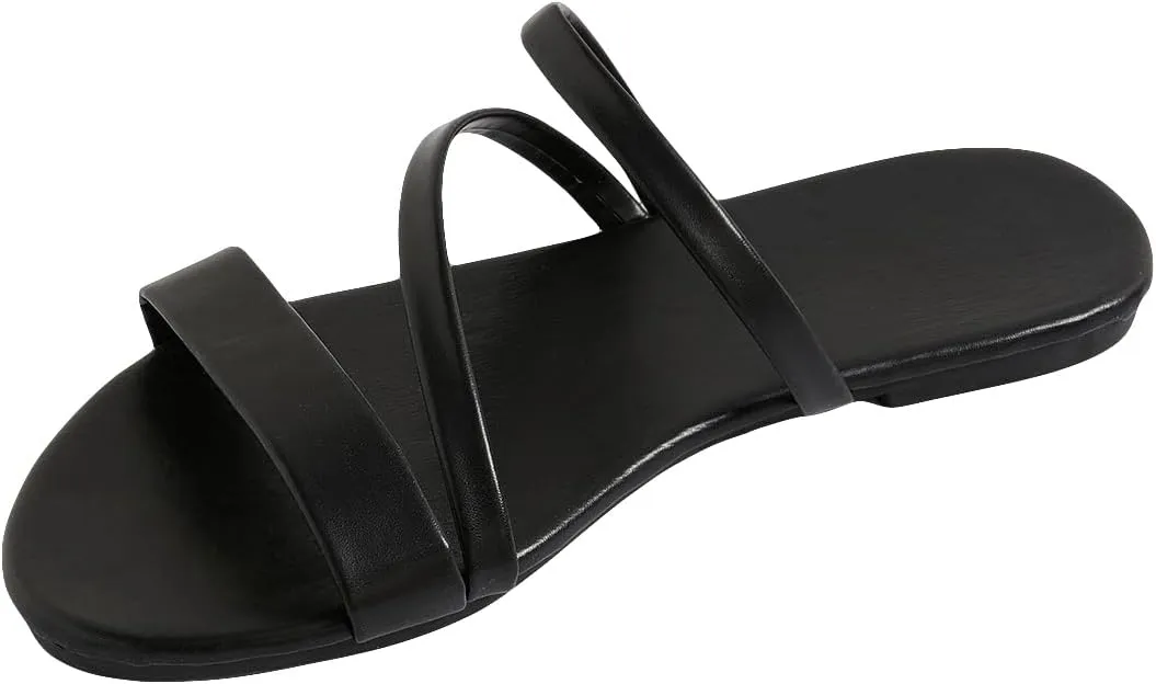 GORGLITTER Women's Metallic Strappy Open Toe Flat Sandal PU Leather Summer Slides Sandals