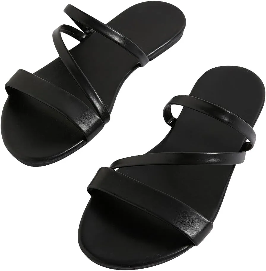 GORGLITTER Women's Metallic Strappy Open Toe Flat Sandal PU Leather Summer Slides Sandals