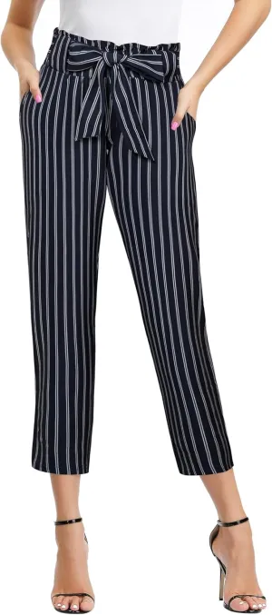 GRACE KARIN Women Pants Striped High Waist Pants Casual Paper Bag Pants with Pockets
