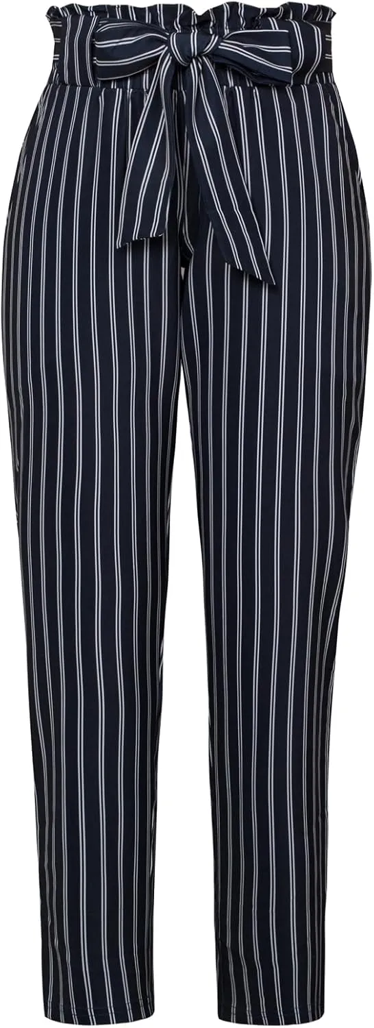 GRACE KARIN Women Pants Striped High Waist Pants Casual Paper Bag Pants with Pockets