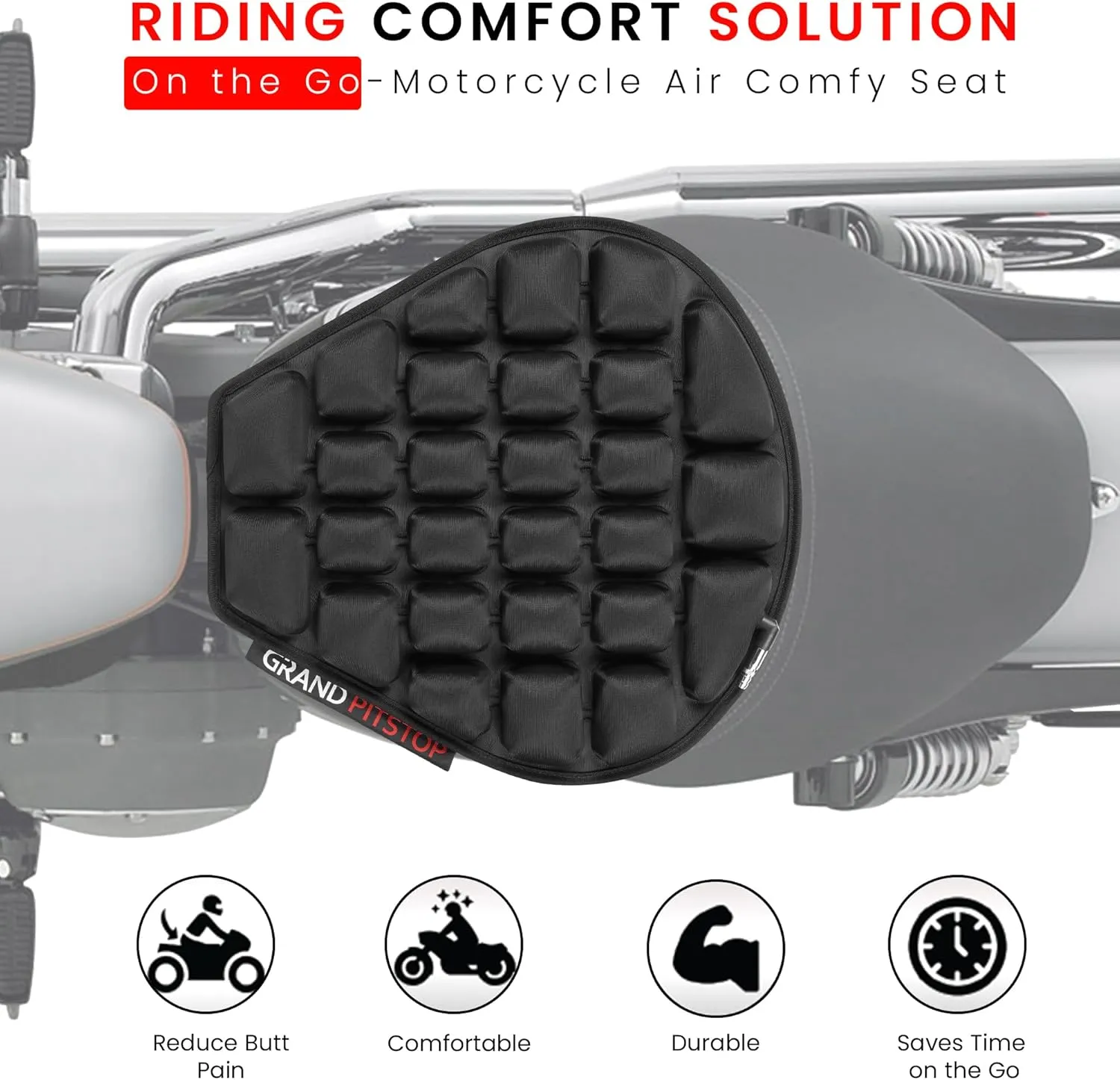 GRAND PITSTOP Motorcycle Air Seat Cushion with Inflatable Bubble Air Pads with Breathable Mesh Cover & Non-Skid Bottom Compatible for Cruiser Motorcycle