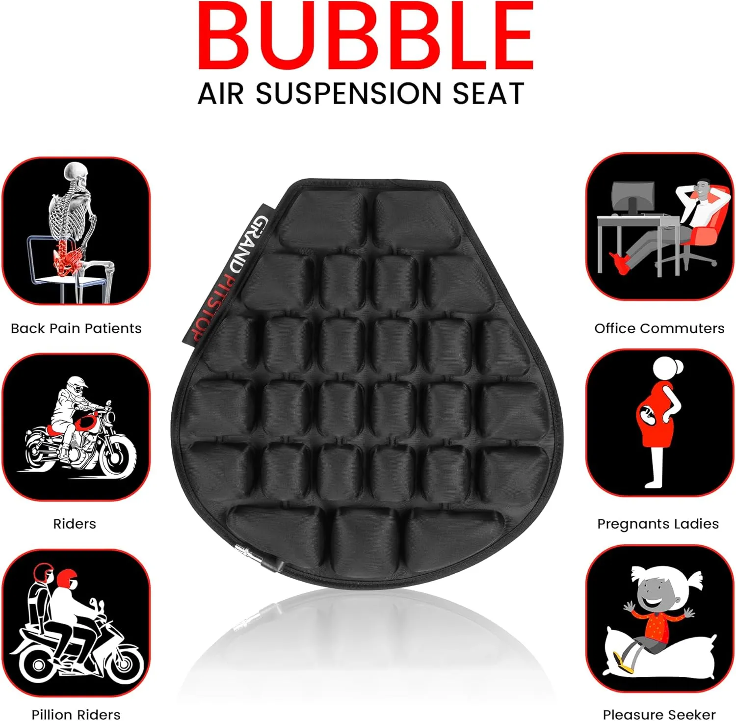 GRAND PITSTOP Motorcycle Air Seat Cushion with Inflatable Bubble Air Pads with Breathable Mesh Cover & Non-Skid Bottom Compatible for Cruiser Motorcycle