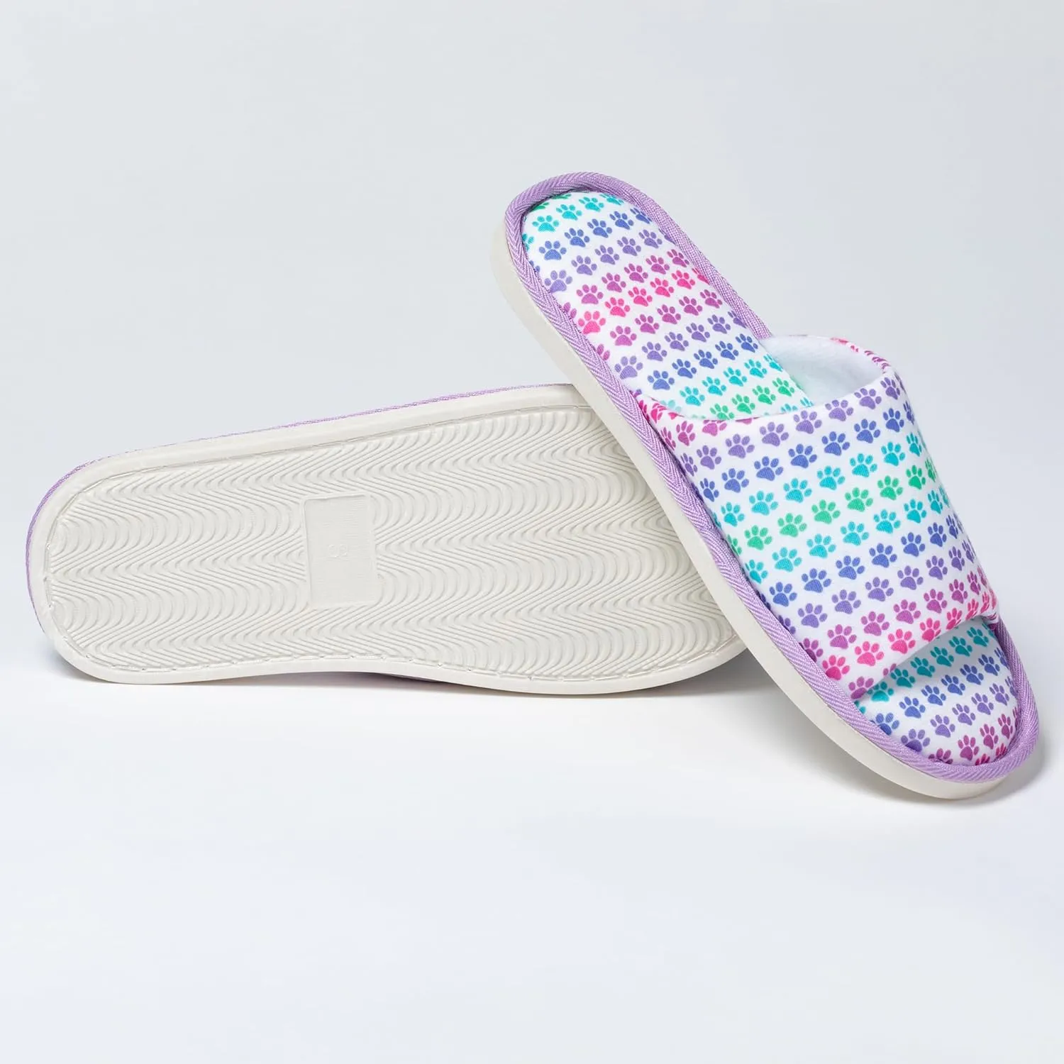 GreaterGood Women's Open Toe Slip On Paw Print Slide Slippers Cozy Memory Foam Footbed & Soft Knit Lining