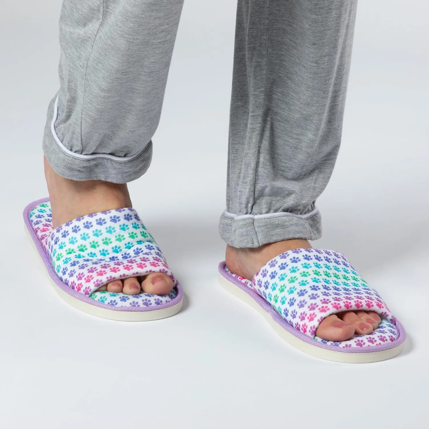 GreaterGood Women's Open Toe Slip On Paw Print Slide Slippers Cozy Memory Foam Footbed & Soft Knit Lining