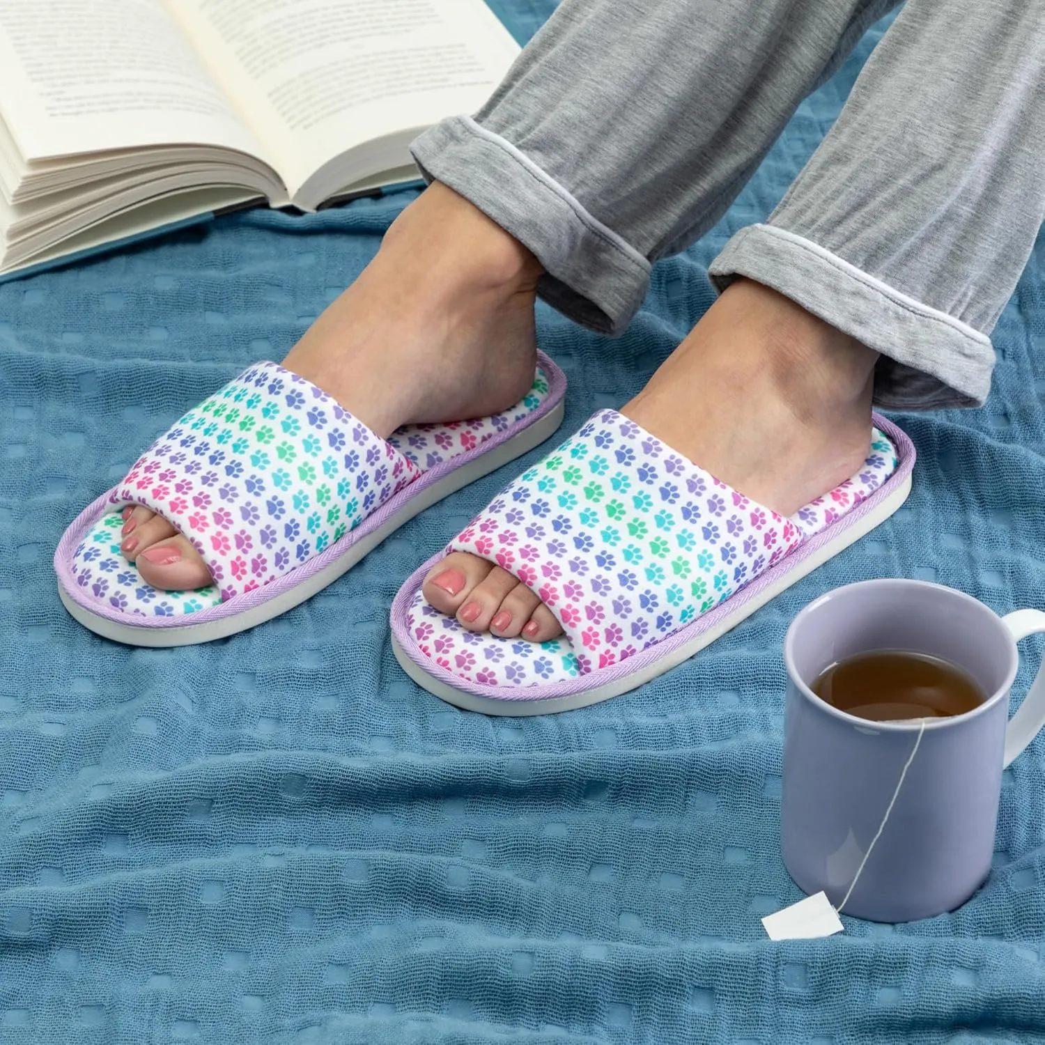 GreaterGood Women's Open Toe Slip On Paw Print Slide Slippers Cozy Memory Foam Footbed & Soft Knit Lining