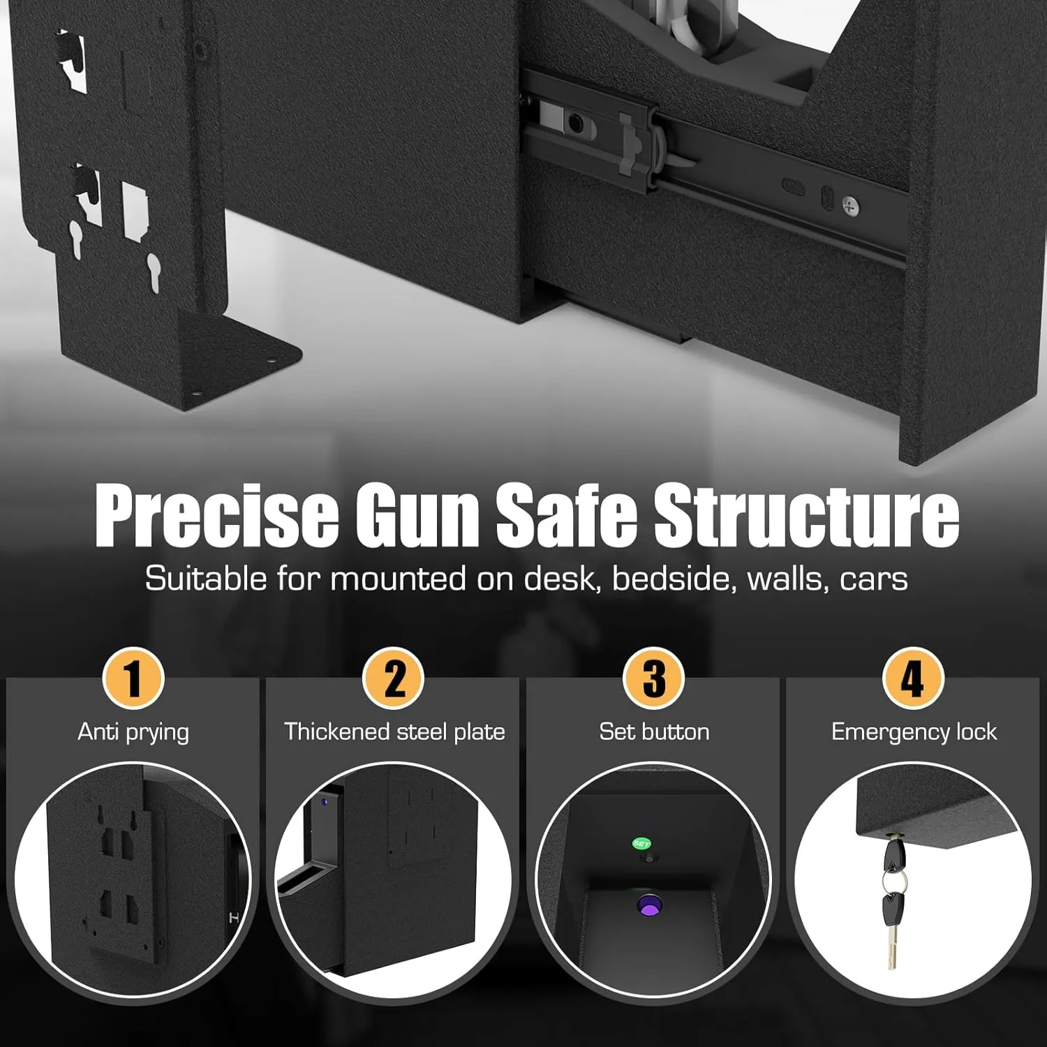 HARDROCK Gun Safe for Pistols, Biometric Wall Mounted Handgun Safe Box for Desk, Bedside,Truck，Drop Down Quick Access Security Safe with Fingerprint Keypad Lock for Home nightstand