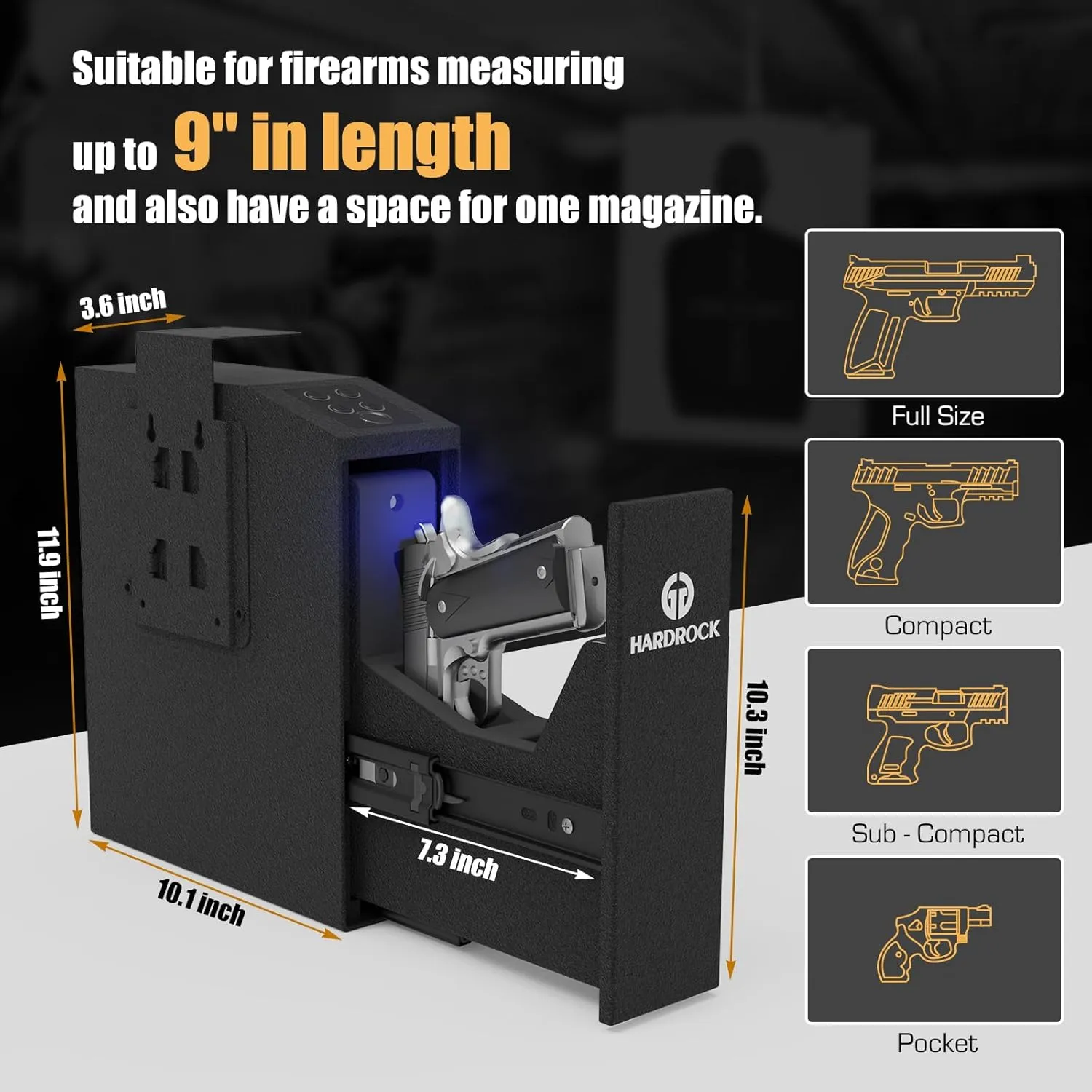 HARDROCK Gun Safe for Pistols, Biometric Wall Mounted Handgun Safe Box for Desk, Bedside,Truck，Drop Down Quick Access Security Safe with Fingerprint Keypad Lock for Home nightstand