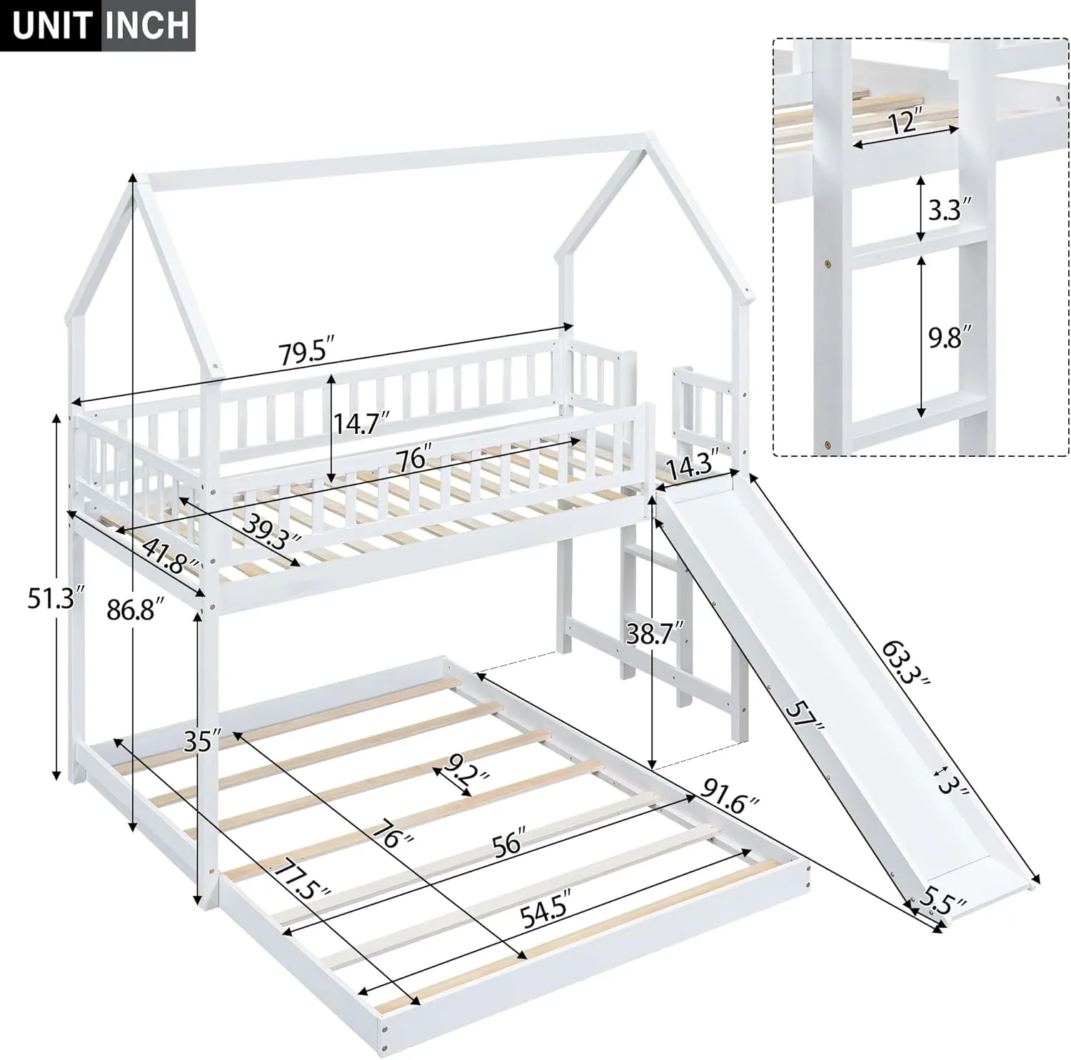 Harper & Bright Designs House Bunk Bed with Slide, Wood Twin Over Full L-Shape Bunk Bed Frame with Roof, Full-Length Guardrail, Built-in Ladder for Kids Teens, No Spring Box Required (White)
