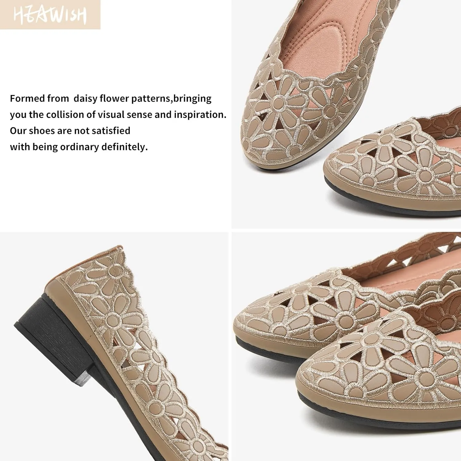 HEAWISH Women's Black Loafers Floral Ballet Flats Shoes,Pu Leather Dress Shoes with Heel Comfortable Slip on Loafer