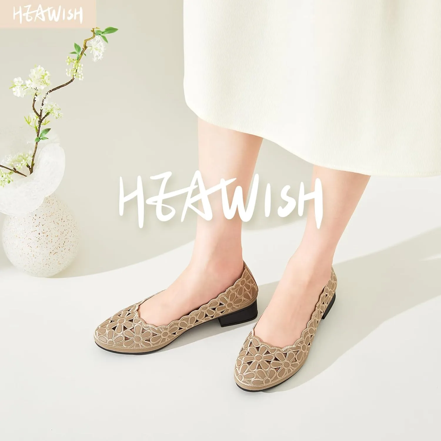 HEAWISH Women's Black Loafers Floral Ballet Flats Shoes,Pu Leather Dress Shoes with Heel Comfortable Slip on Loafer