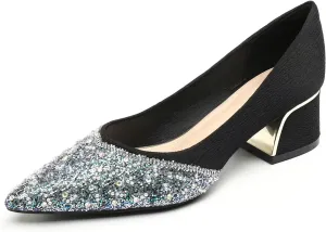 Hee grand Women's Round Toe Heeled Pumps Chunky High Heels Comfort Slip On Work Heels Sequins Dress Shoes Wide Feet Big Size