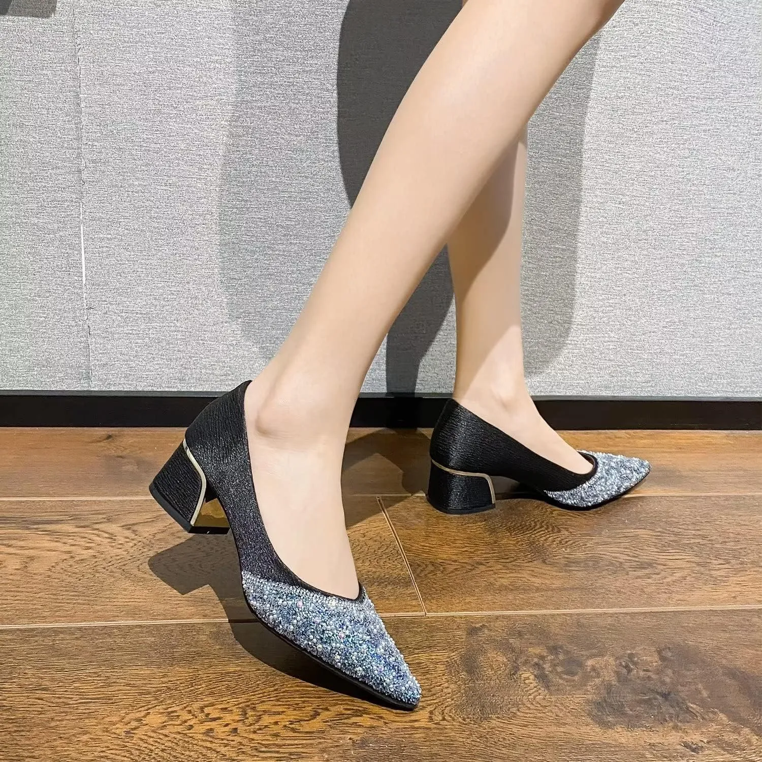 Hee grand Women's Round Toe Heeled Pumps Chunky High Heels Comfort Slip On Work Heels Sequins Dress Shoes Wide Feet Big Size