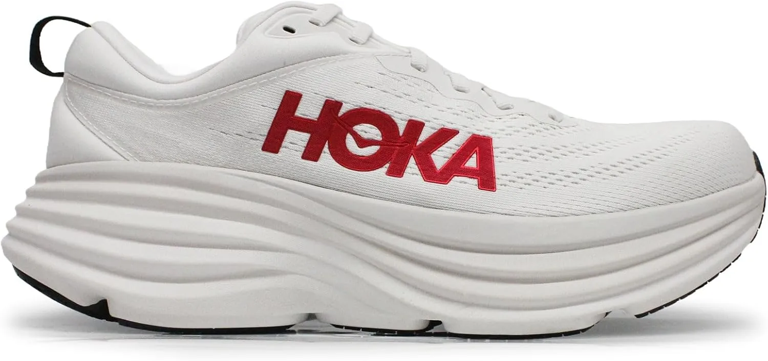 Hoka Men's Bondi 8 Sneaker, White/Vermillion, 12