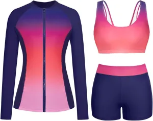 Holipick Long Sleeve Swimsuits for Women - 3 Piece Rash Guard with Shorts Zipper SPF Swim Shirt with Built in Bra