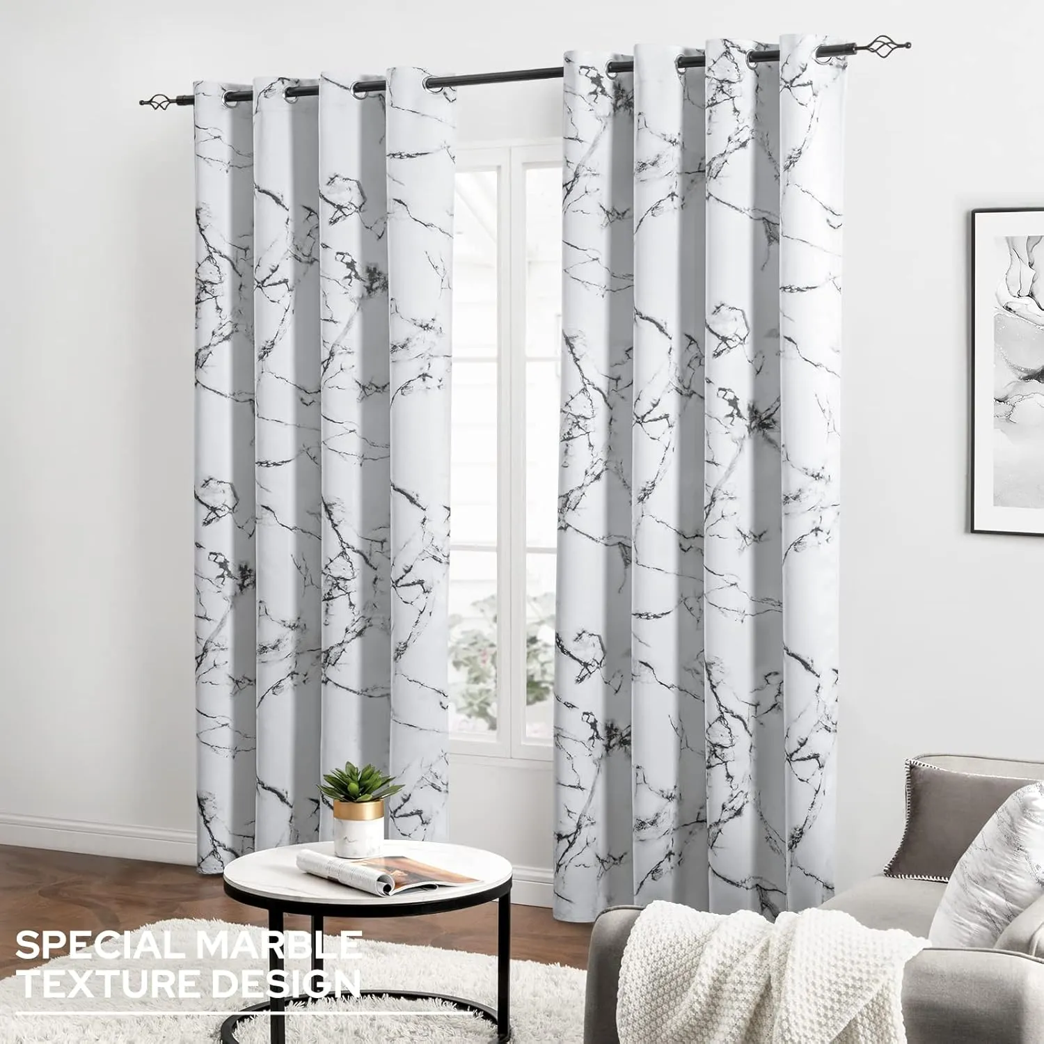 HOMEIDEAS Marble Blackout Curtains, 52 x 84 Inches Long Black and White Room Darkening Modern Patterned Grommet Drapes for Living Room, Bedroom Decor 2 Panels