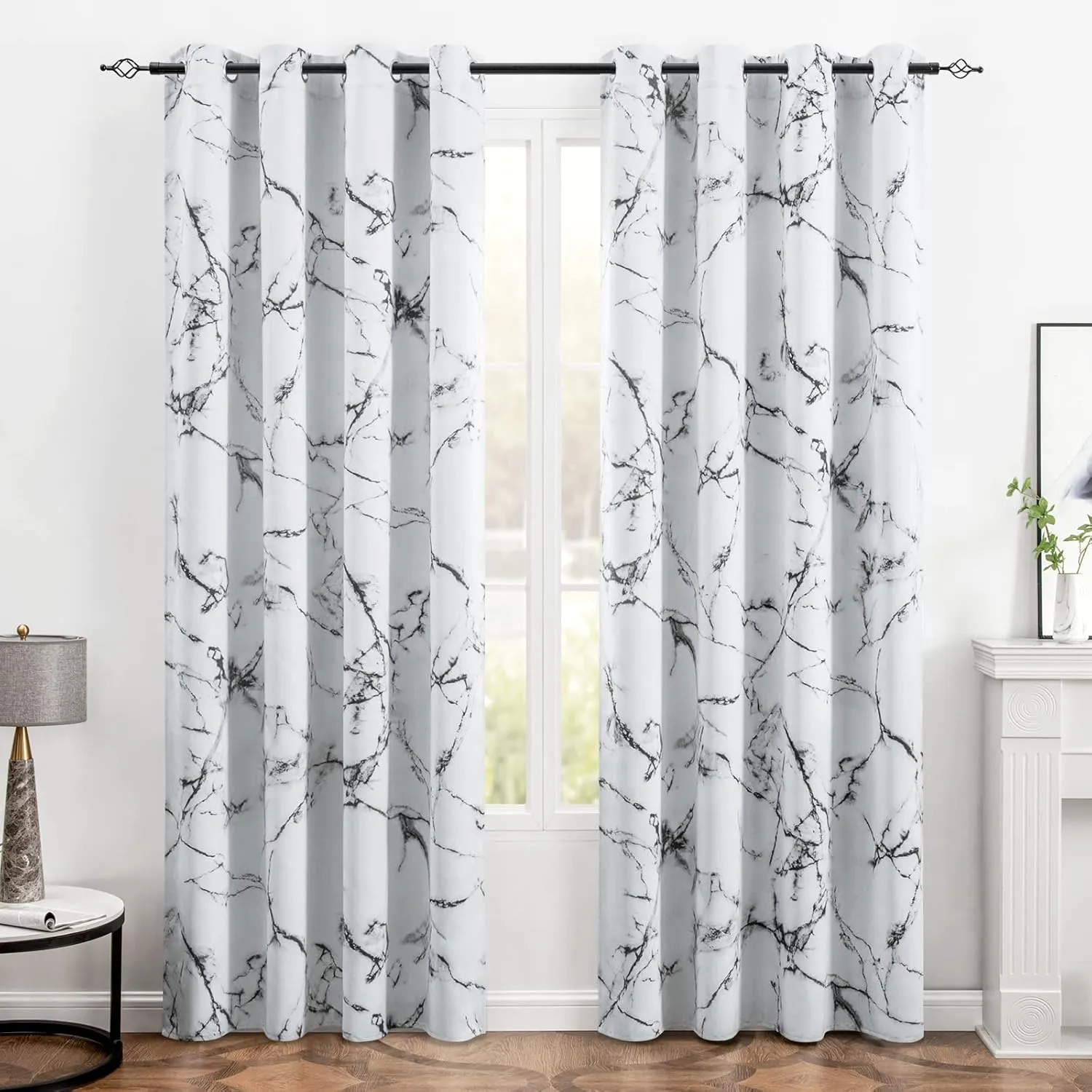 HOMEIDEAS Marble Blackout Curtains, 52 x 84 Inches Long Black and White Room Darkening Modern Patterned Grommet Drapes for Living Room, Bedroom Decor 2 Panels