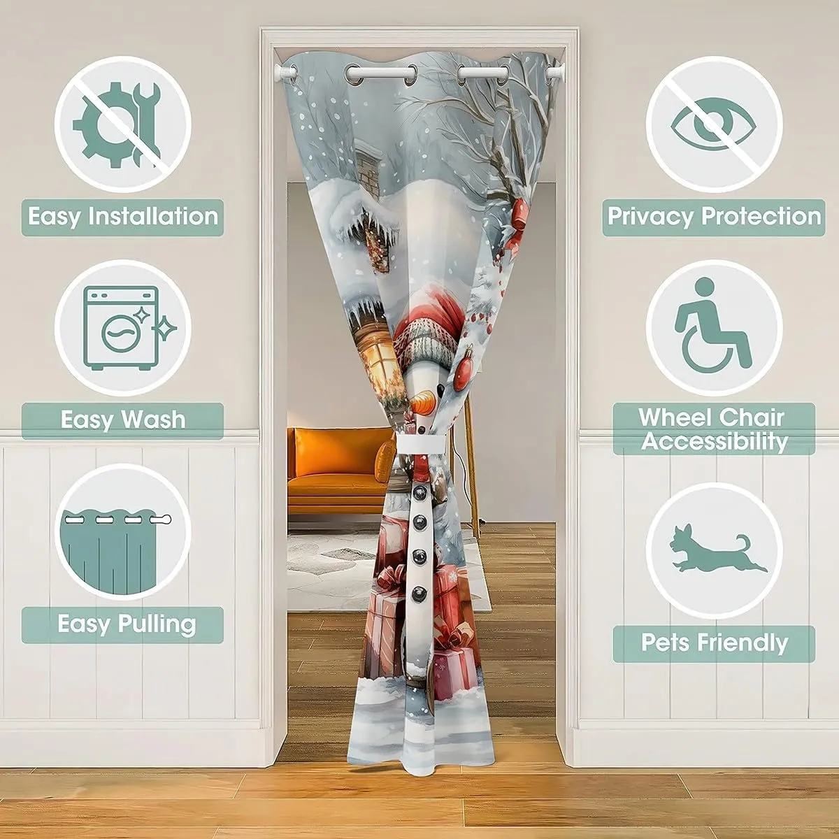 Homewish Winter Snowman Doorway Curtain Jungle Cabin Jungle Pine Trees Door Curtain Privacy for Kids Teens Adults New Year Christmas Rustic Style Door Drape for Bedroom Closet Door 42" W X 80" L
