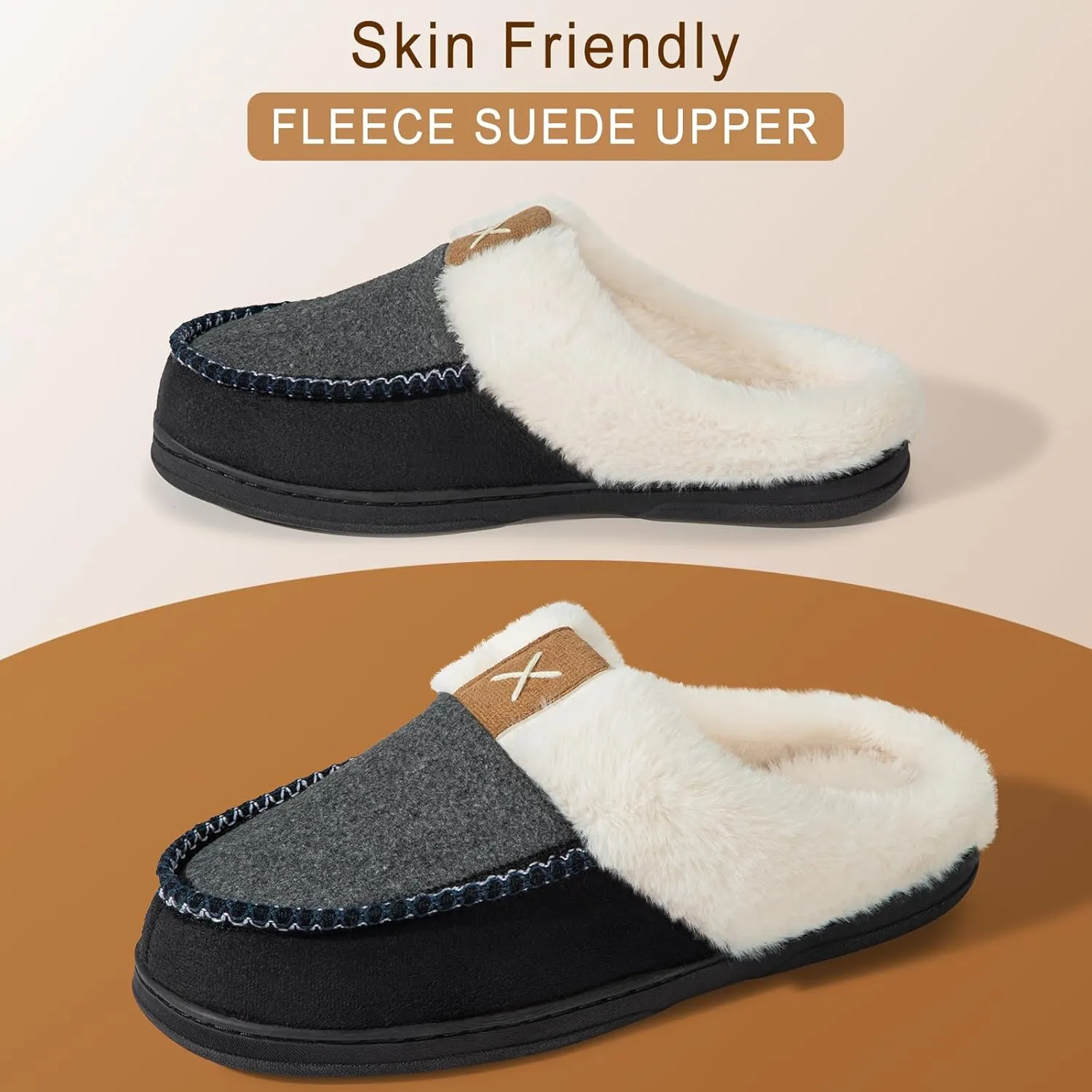 Homitem Men's Memory Foam Slippers,Fuzzy Wool-Like Plush Fleece Lined House Shoes Indoor Outdoor Slippers for men, Anti-Skid Rubber Sole Home Bedroom Slippers