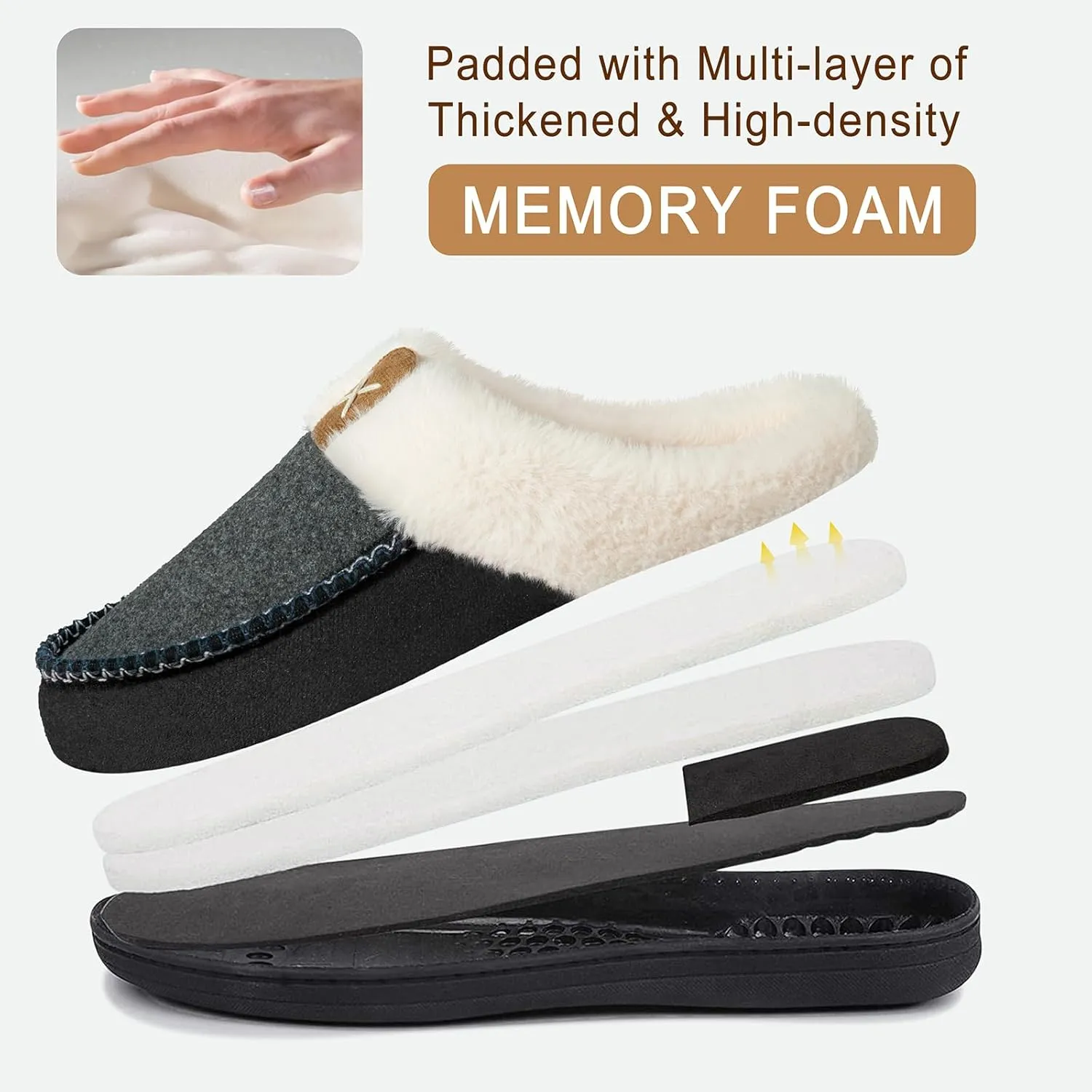 Homitem Men's Memory Foam Slippers,Fuzzy Wool-Like Plush Fleece Lined House Shoes Indoor Outdoor Slippers for men, Anti-Skid Rubber Sole Home Bedroom Slippers