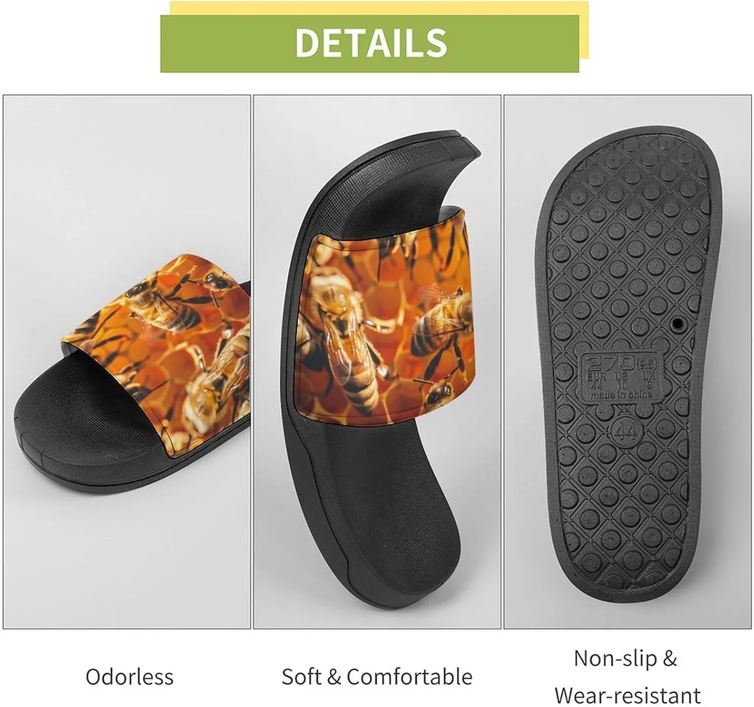 Honey Bee Men's Slide Sandal Non Slip Shower Shoes Bathroom Slippers for Pool Beach