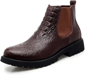 HOOENG Chelsea Boots for Men Crocodile Print Elastic Bandage Cowhide Leather Waterproof Slip on Wearable Non Slip Casual (Color : Brown, Size : 10.5)