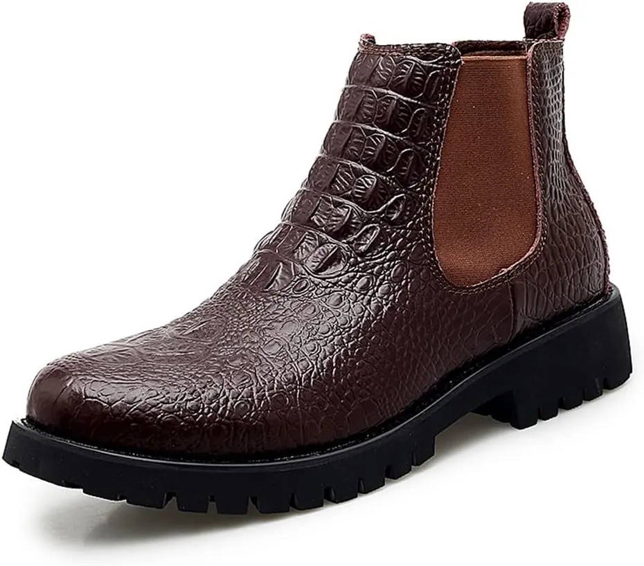 HOOENG Chelsea Boots for Men Crocodile Print Elastic Bandage Cowhide Leather Waterproof Slip on Wearable Non Slip Casual (Color : Brown, Size : 10.5)