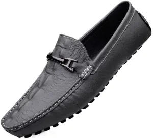 HOOENG Men's Shoes Loafers for Men Faux Crocodile Print Leather Flexible Flat Heel Anti-Slip Comfortable Party Casual Slip On (Color : Grey, Size : 8.5)