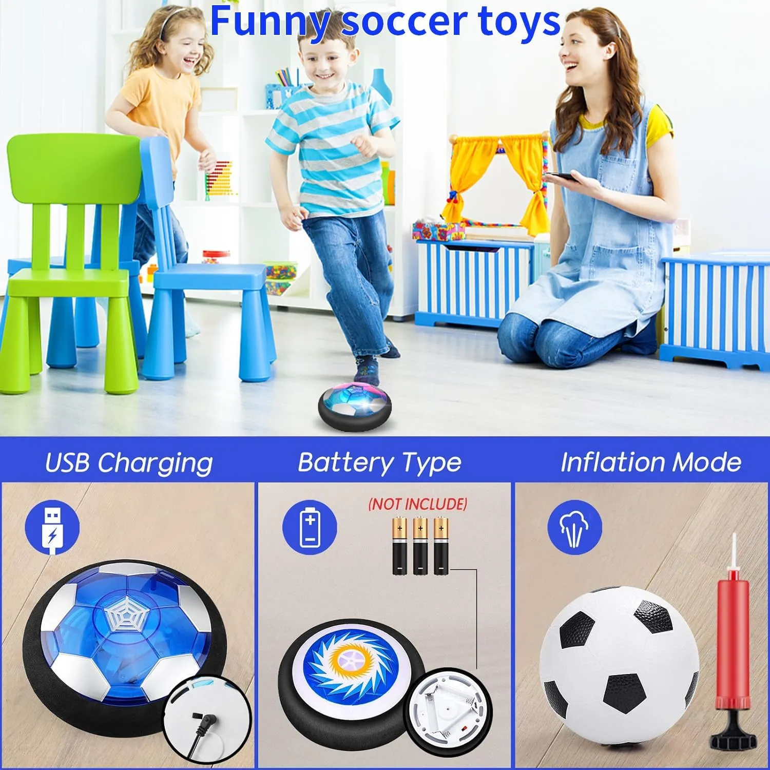 Hover Soccer Ball for Kids, 4-in-1 Air Floating Soccer Toy Set, Rechargeable Hover Soccer & Hockey Ball with LED Light, Indoor Outdoor Toys for Kids 3 4 5-12 Years Old