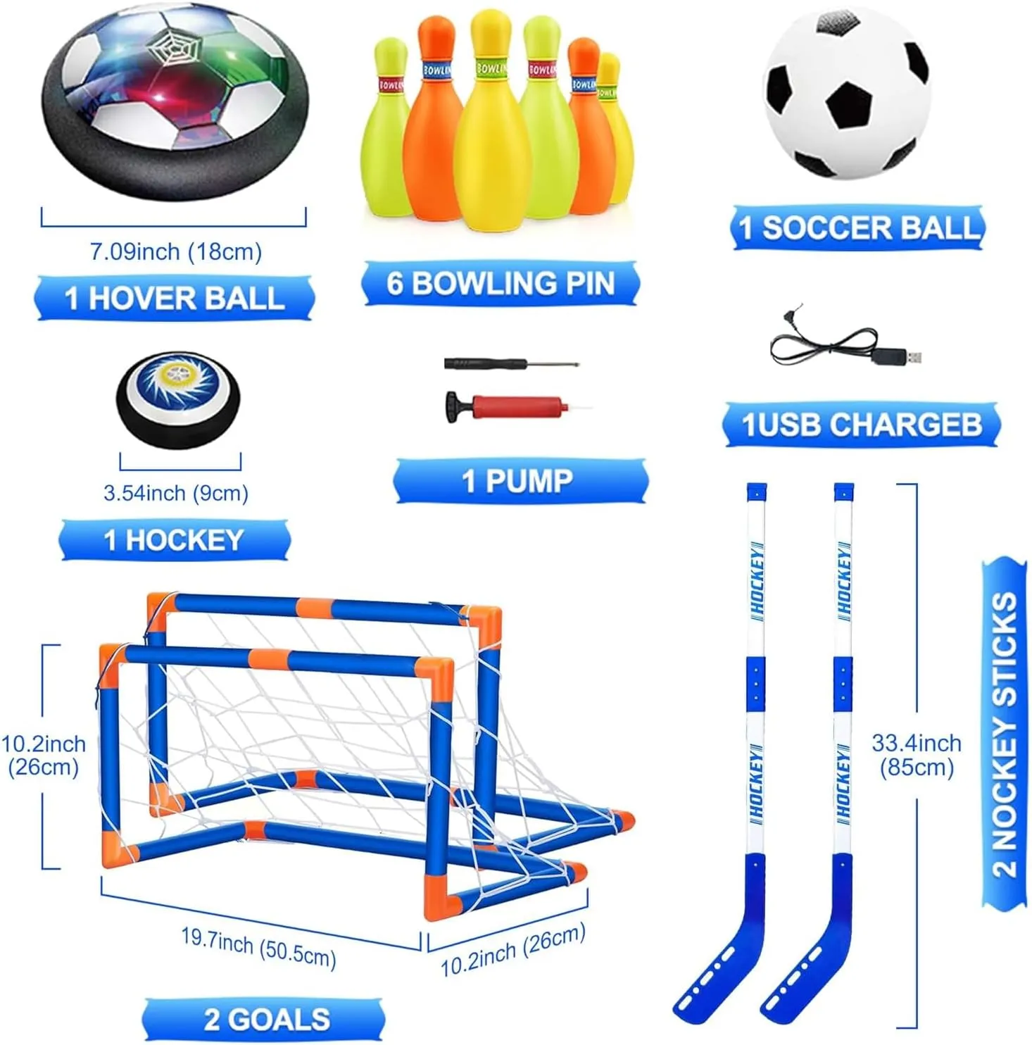 Hover Soccer Ball for Kids, 4-in-1 Air Floating Soccer Toy Set, Rechargeable Hover Soccer & Hockey Ball with LED Light, Indoor Outdoor Toys for Kids 3 4 5-12 Years Old