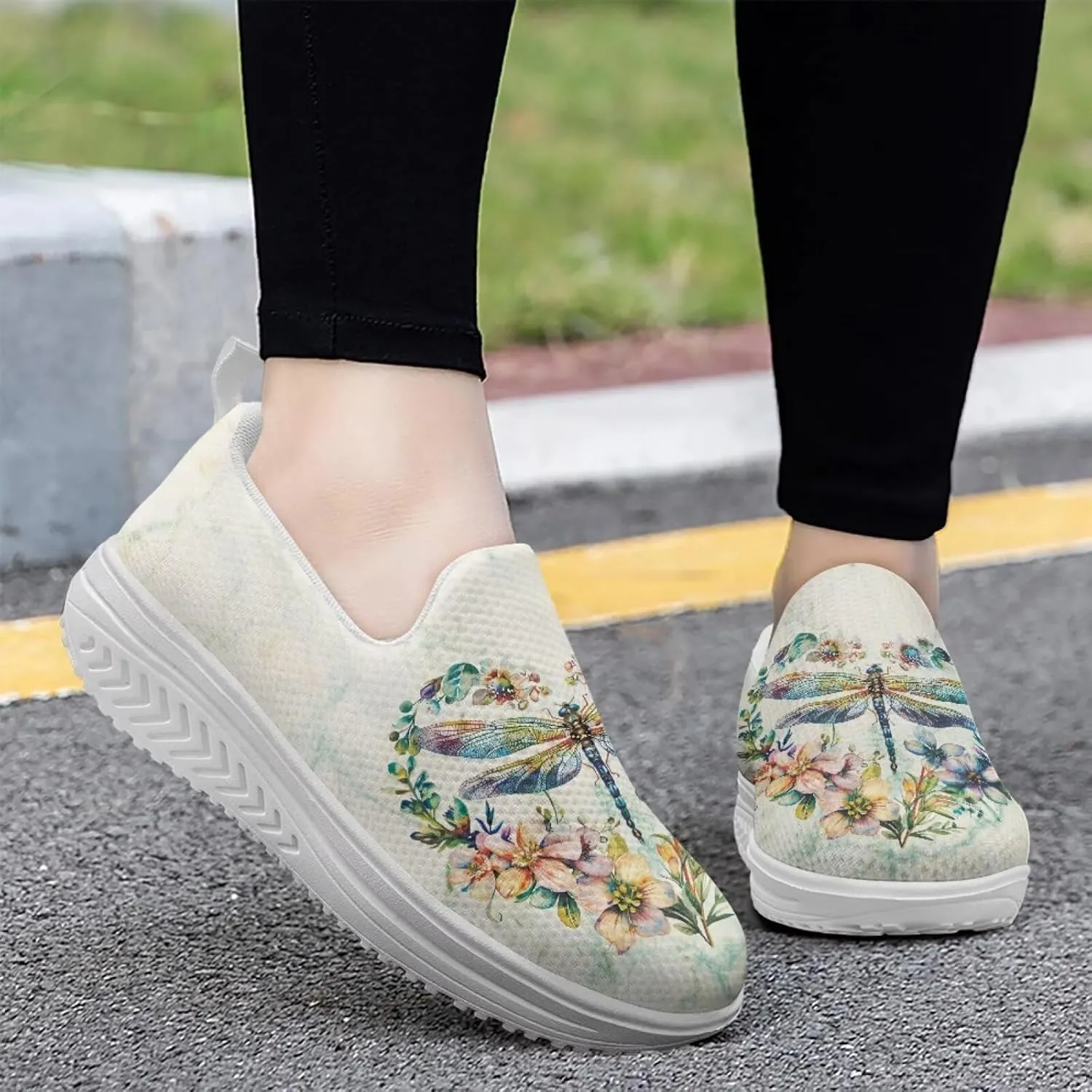 Howilath Insects Print Walking Sneakers Women Comfort Platform Shoes Rocking Shoes Slip-on Lightweight Athletic Footwear