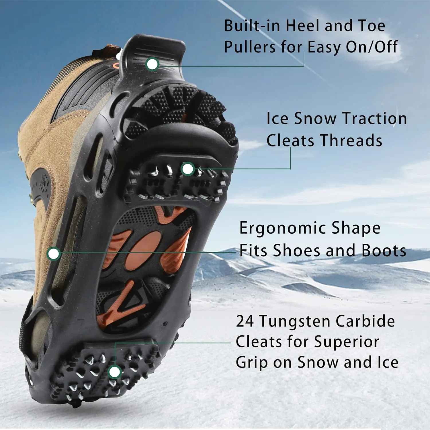 Ice Cleats Snow Traction Cleats 24-Studs Crampons Anti-Slip Shoe Ice Snow Cleats for Walking on Snow and Ice Winter Outdoor Overshoe Rubber Crampons Slip-on Stretch Footwear