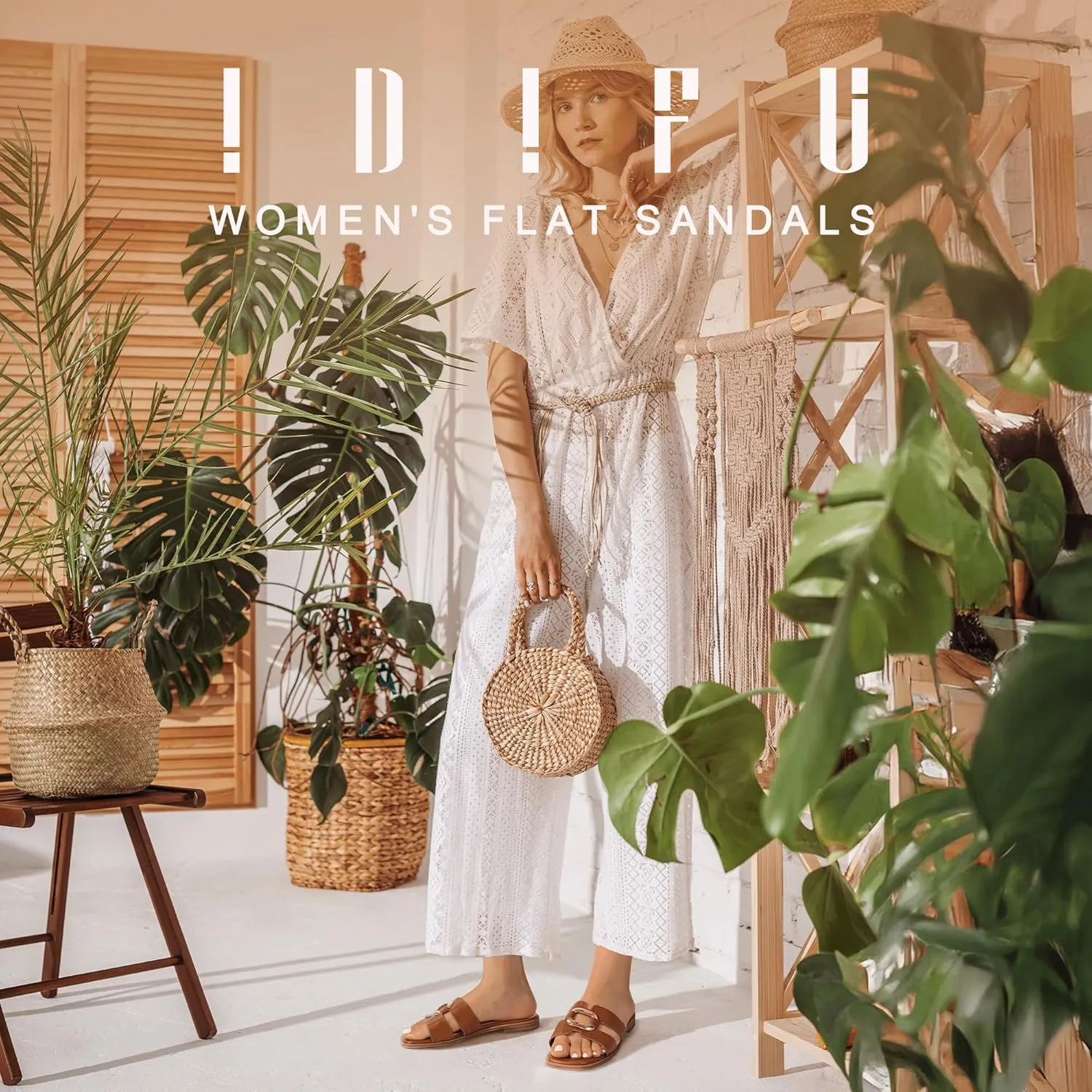 IDIFU Women's Flat Sandals Square Open Toe Slip On Comfortable Dressy Cute Trendy Casual Fancy Slide Sandals for Women Ladies Bridal Summer Beach Work Office Wedding Flat Sandals