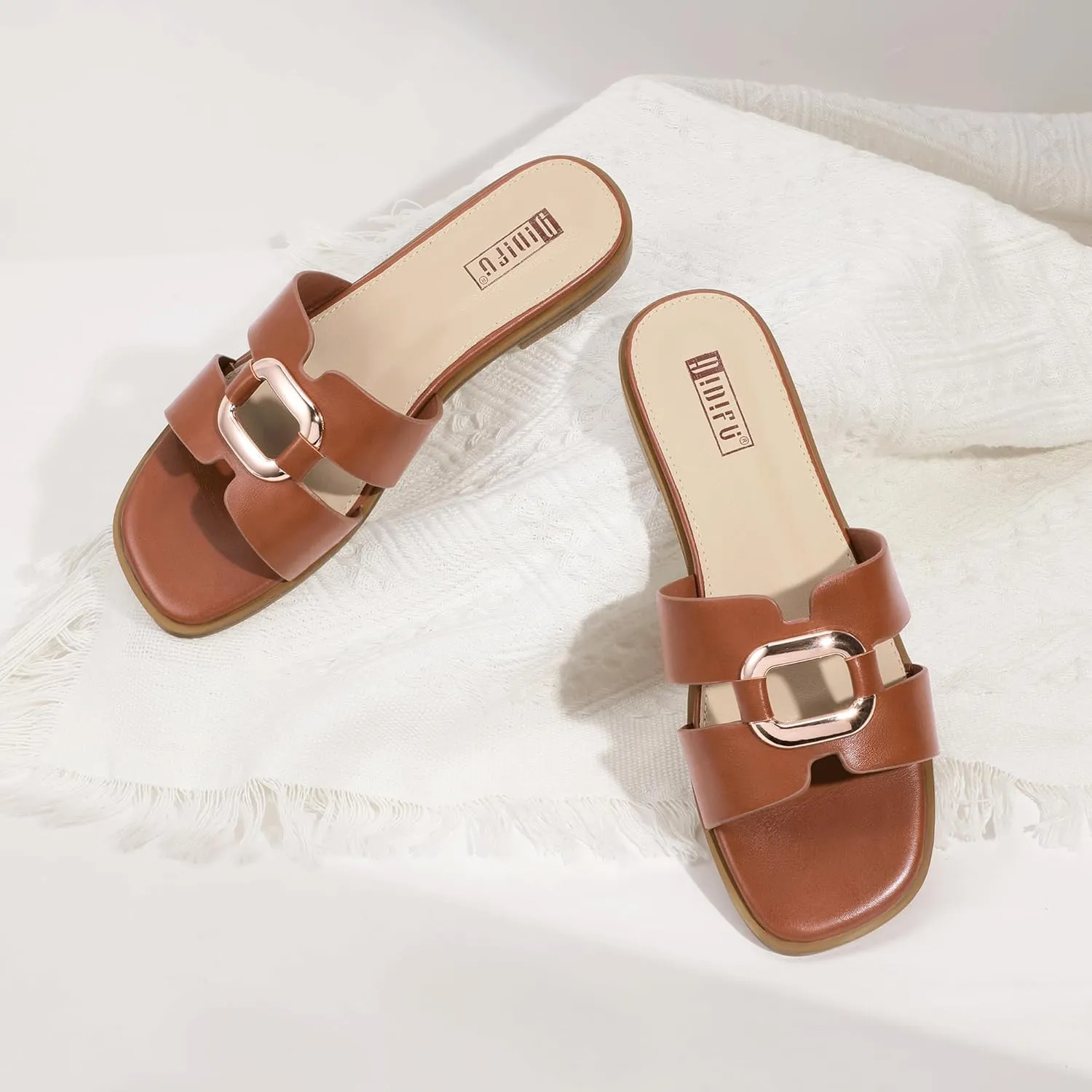 IDIFU Women's Flat Sandals Square Open Toe Slip On Comfortable Dressy Cute Trendy Casual Fancy Slide Sandals for Women Ladies Bridal Summer Beach Work Office Wedding Flat Sandals