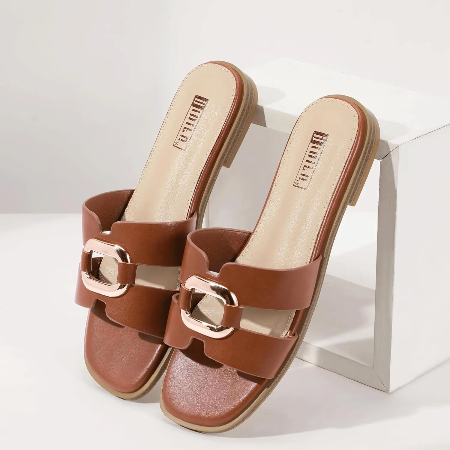 IDIFU Women's Flat Sandals Square Open Toe Slip On Comfortable Dressy Cute Trendy Casual Fancy Slide Sandals for Women Ladies Bridal Summer Beach Work Office Wedding Flat Sandals