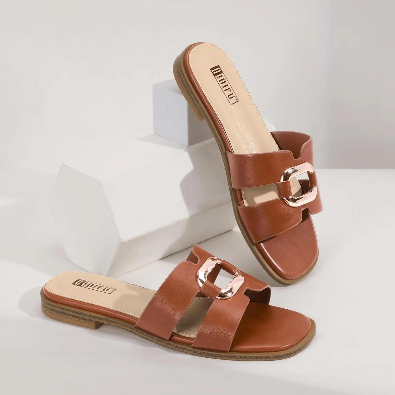 IDIFU Women's Flat Sandals Square Open Toe Slip On Comfortable Dressy Cute Trendy Casual Fancy Slide Sandals for Women Ladies Bridal Summer Beach Work Office Wedding Flat Sandals