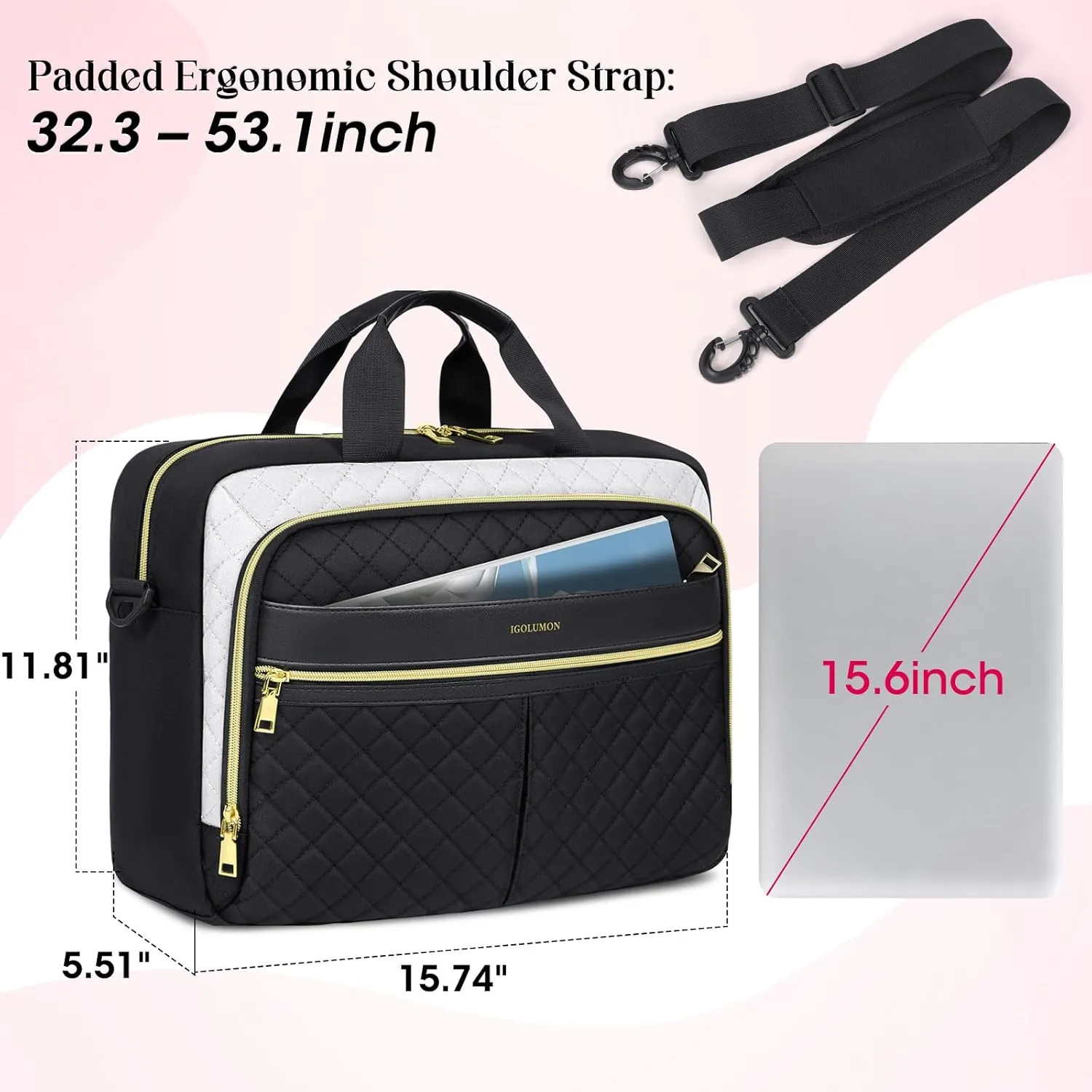 IGOLUMON Laptop Bag 15.6 Inch Laptop Briefcase for Women Men Waterproof Shoulder Computer Messenger Bag Large Laptop Bag Business Office Work Travel College, Black and White