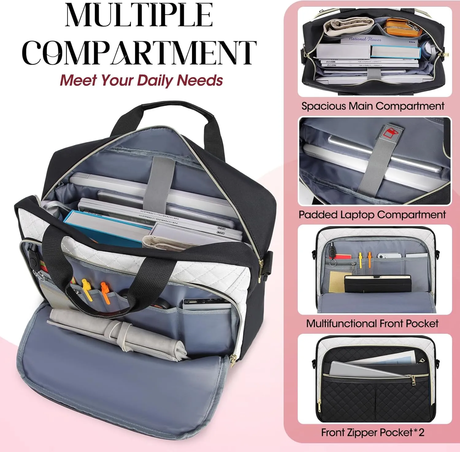 IGOLUMON Laptop Bag 15.6 Inch Laptop Briefcase for Women Men Waterproof Shoulder Computer Messenger Bag Large Laptop Bag Business Office Work Travel College, Black and White