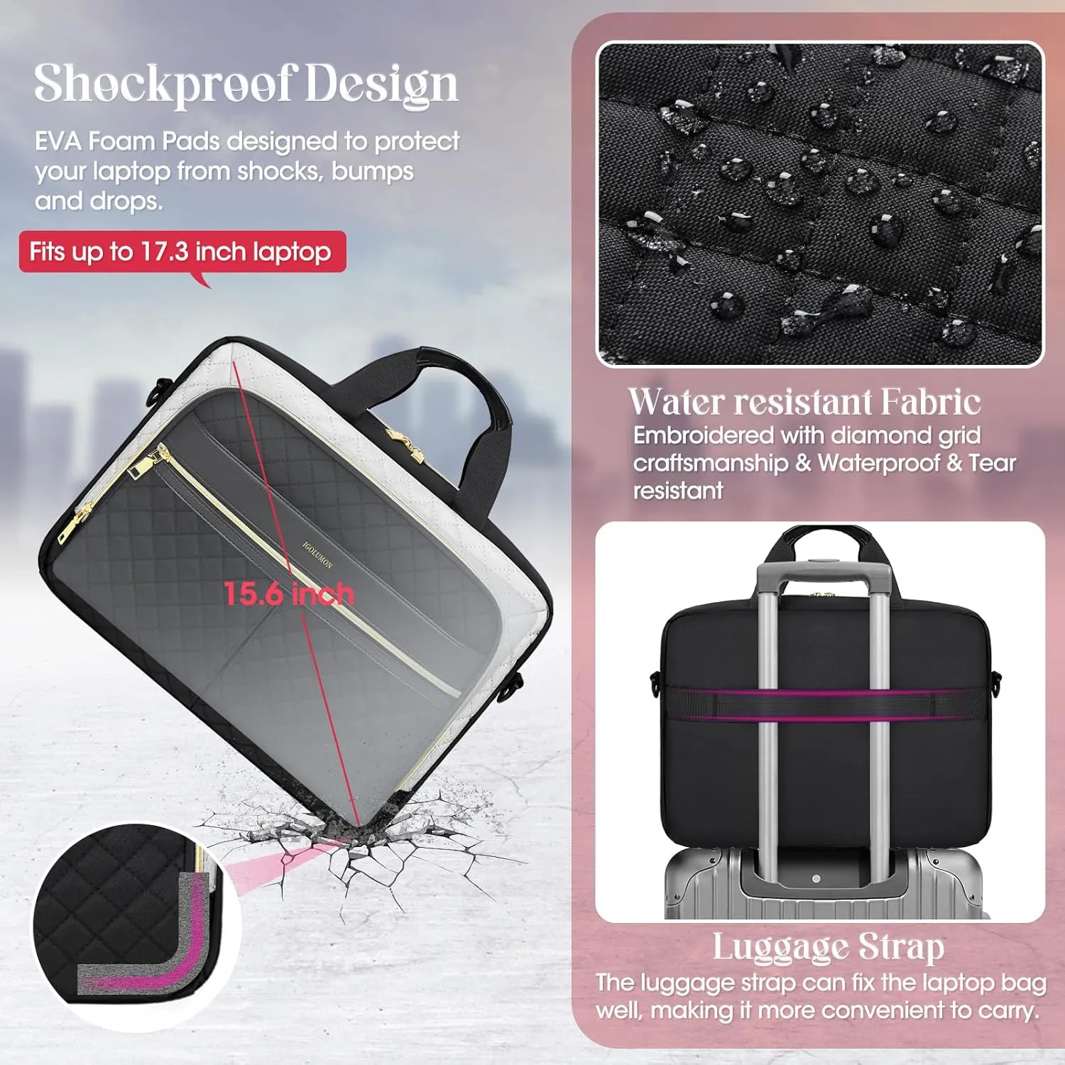 IGOLUMON Laptop Bag 15.6 Inch Laptop Briefcase for Women Men Waterproof Shoulder Computer Messenger Bag Large Laptop Bag Business Office Work Travel College, Black and White