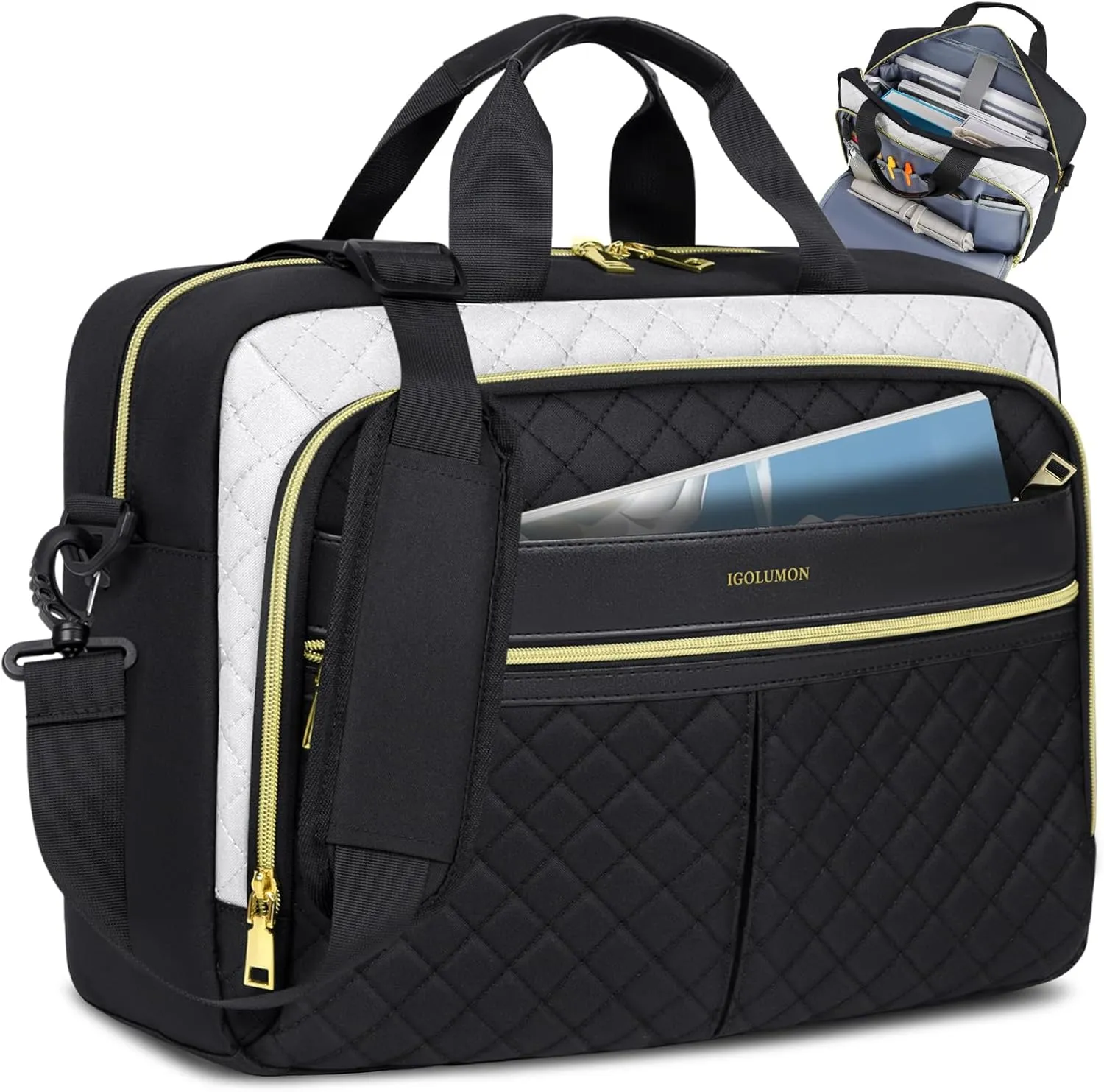 IGOLUMON Laptop Bag 15.6 Inch Laptop Briefcase for Women Men Waterproof Shoulder Computer Messenger Bag Large Laptop Bag Business Office Work Travel College, Black and White