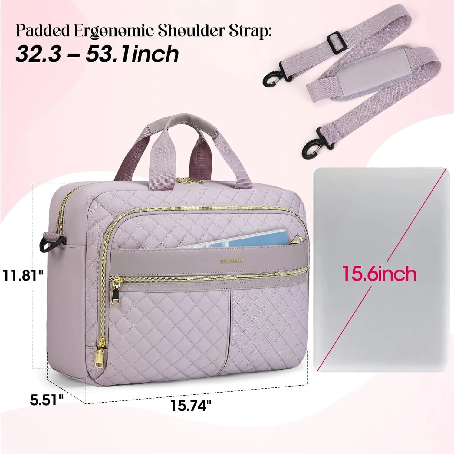 IGOLUMON Laptop Bag 15.6 Inch Laptop Briefcase for Women Men Waterproof Shoulder Computer Messenger Bag Large Laptop Bag Business Office Work Travel College, Grayish Purple