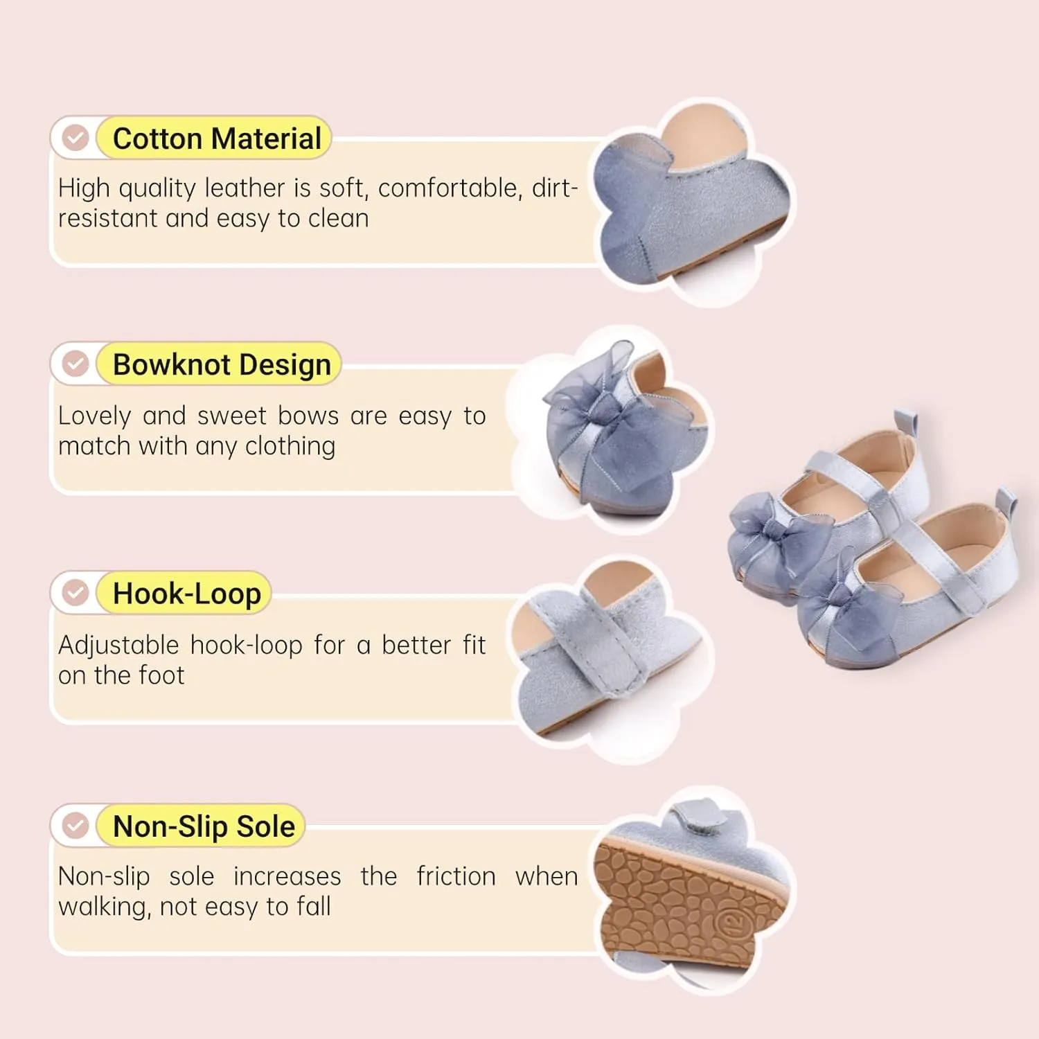 Infant Baby Girls Dress Shoes Newborn Bowkont Mary Jane Flats Non-Slip Lightweight Soft Sole Toddler First Walkers Princess Wedding Shoes