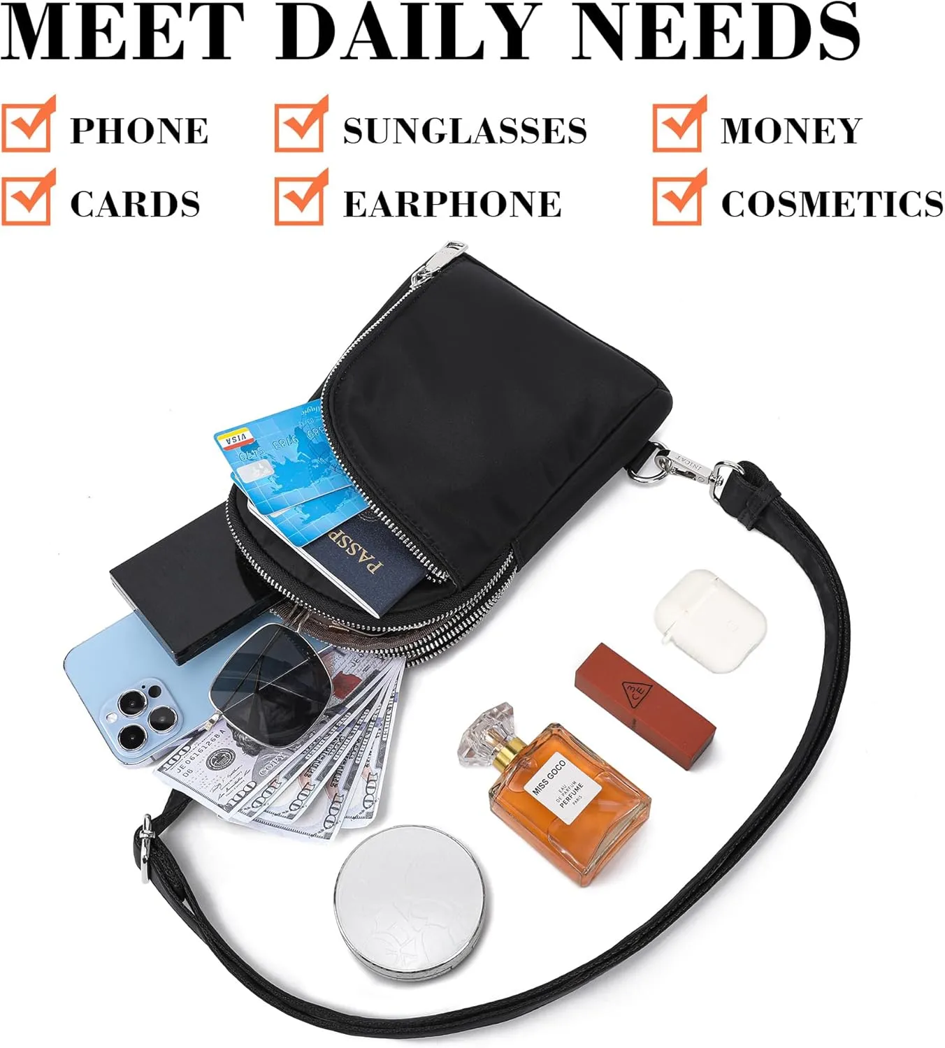 INICAT RFID Blocking Nylon Crossbody Bag for Women Small Sling Bag Travel Fanny Packs Belt Bag(Black N)