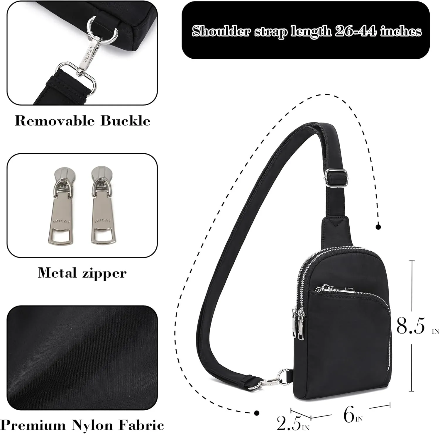 INICAT RFID Blocking Nylon Crossbody Bag for Women Small Sling Bag Travel Fanny Packs Belt Bag(Black N)
