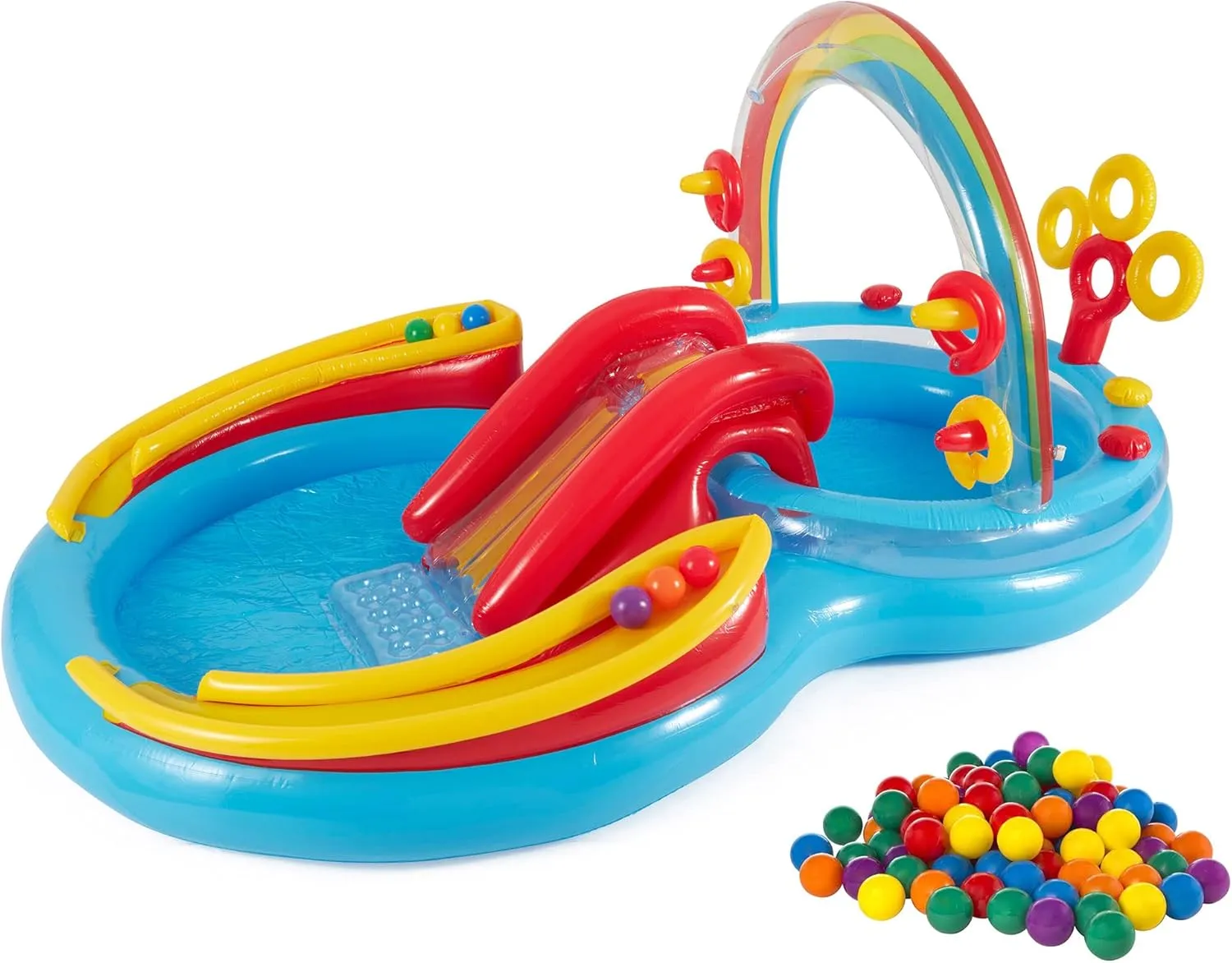 Intex 9.75 x 6.3 Foot Rainbow Ring Inflatable Play Center Pool with Water Slide and Small Plastic Multi-Colored Fun Ballz for Ball Pit, 100 Pack