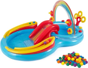 Intex 9.75 x 6.3 Foot Rainbow Ring Inflatable Play Center Pool with Water Slide and Small Plastic Multi-Colored Fun Ballz for Ball Pit, 100 Pack