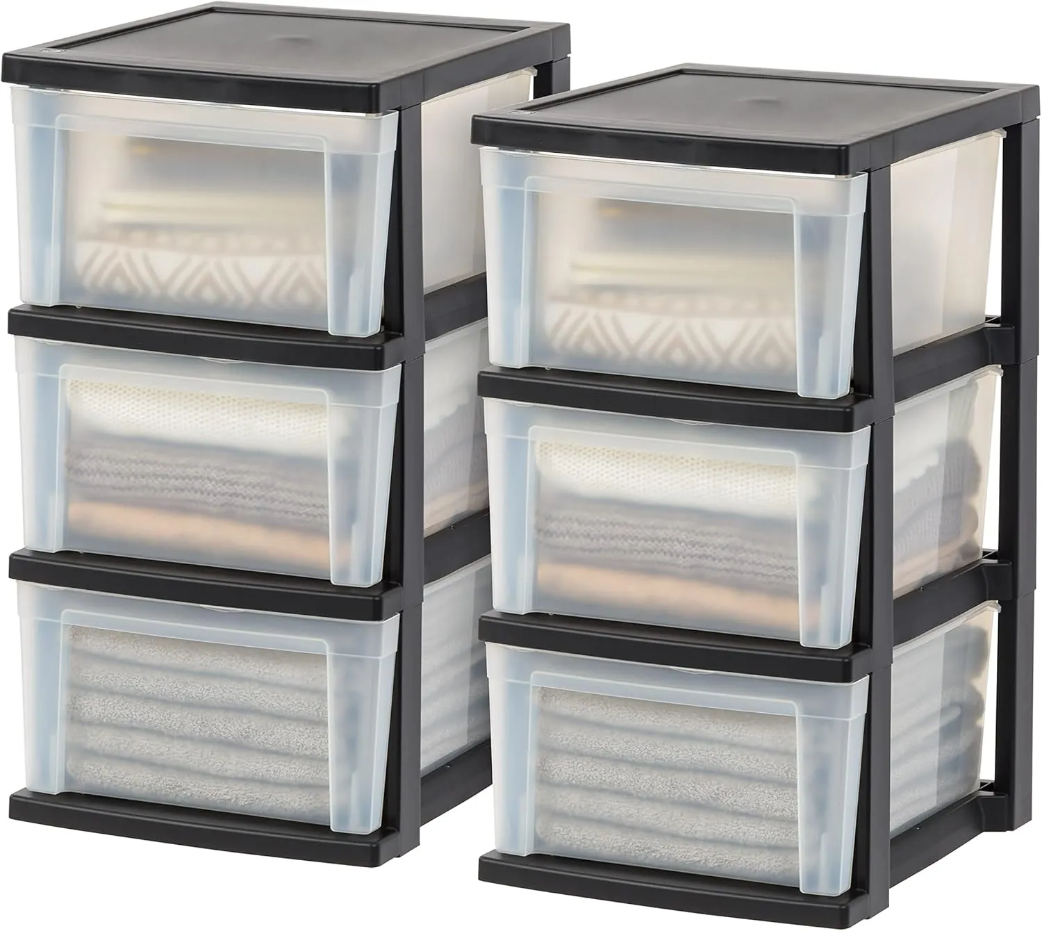 IRIS USA Plastic Drawer Storage Organizer, 3-Drawers, 2-Pack, for Classroom Art Craft Supplies, Dresser Closet, Bathroom Bedroom, Laundry Room, Black/Clear