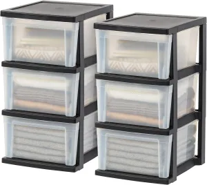 IRIS USA Plastic Drawer Storage Organizer, 3-Drawers, 2-Pack, for Classroom Art Craft Supplies, Dresser Closet, Bathroom Bedroom, Laundry Room, Black/Clear