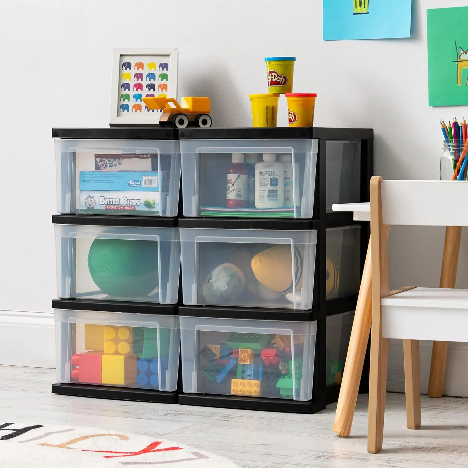 IRIS USA Plastic Drawer Storage Organizer, 3-Drawers, 2-Pack, for Classroom Art Craft Supplies, Dresser Closet, Bathroom Bedroom, Laundry Room, Black/Clear
